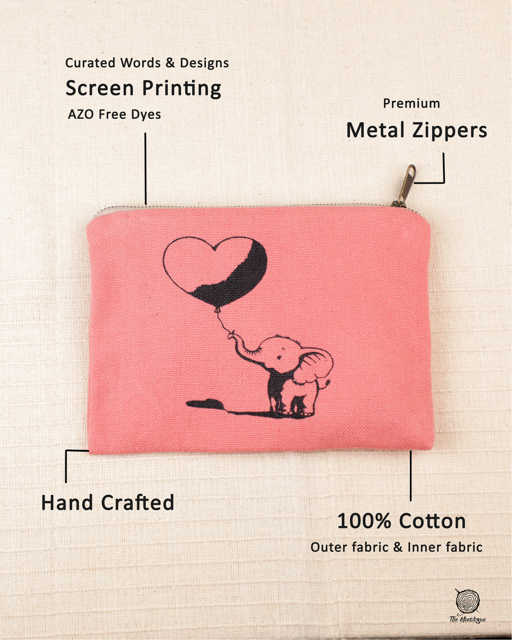Fabric Pouch Small | 100% Cotton Pouch with Metal Zip | Screen Printed Travel Organizer