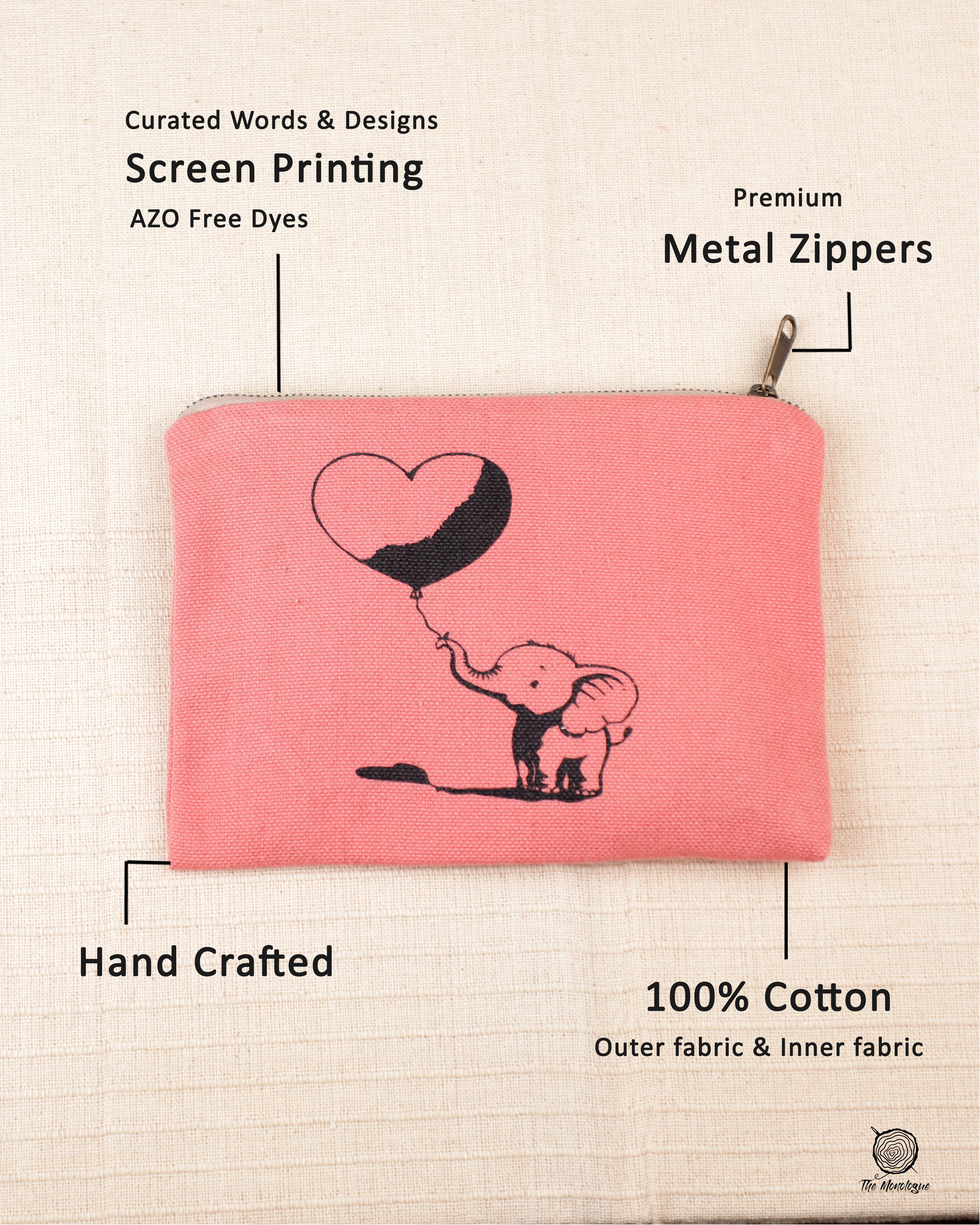 Fabric Pouch Small | 100% Cotton Pouch with Metal Zip | Screen Printed Travel Organizer